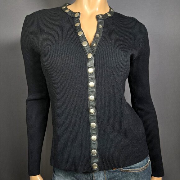 Y2K Black Ribbed Sweater Silver Snap Buttons Leather Trim Size S Gothic Vampy - Picture 1 of 13